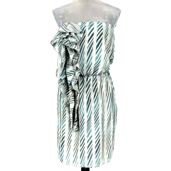 Ann Taylor Dress Petites PM MP Silk Gray Green Strapless Side Ruffle Whimsy New - Picture 1 of 14